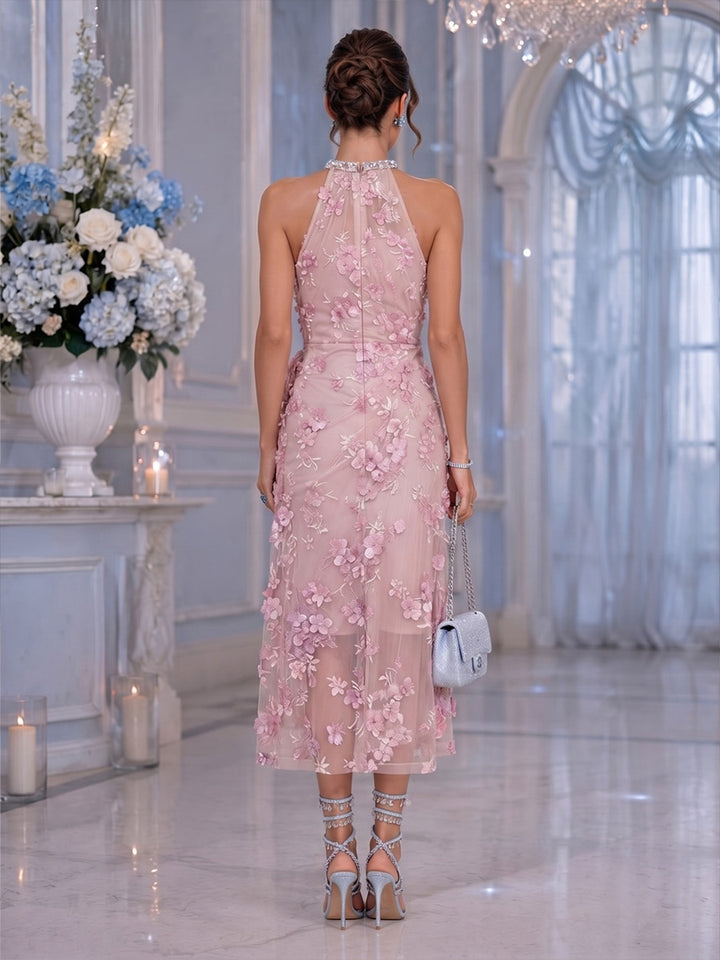 Sheath/Column Halter Lace Embroidery Cocktail Dresses Sleeveless Tea-Length Party Dresses