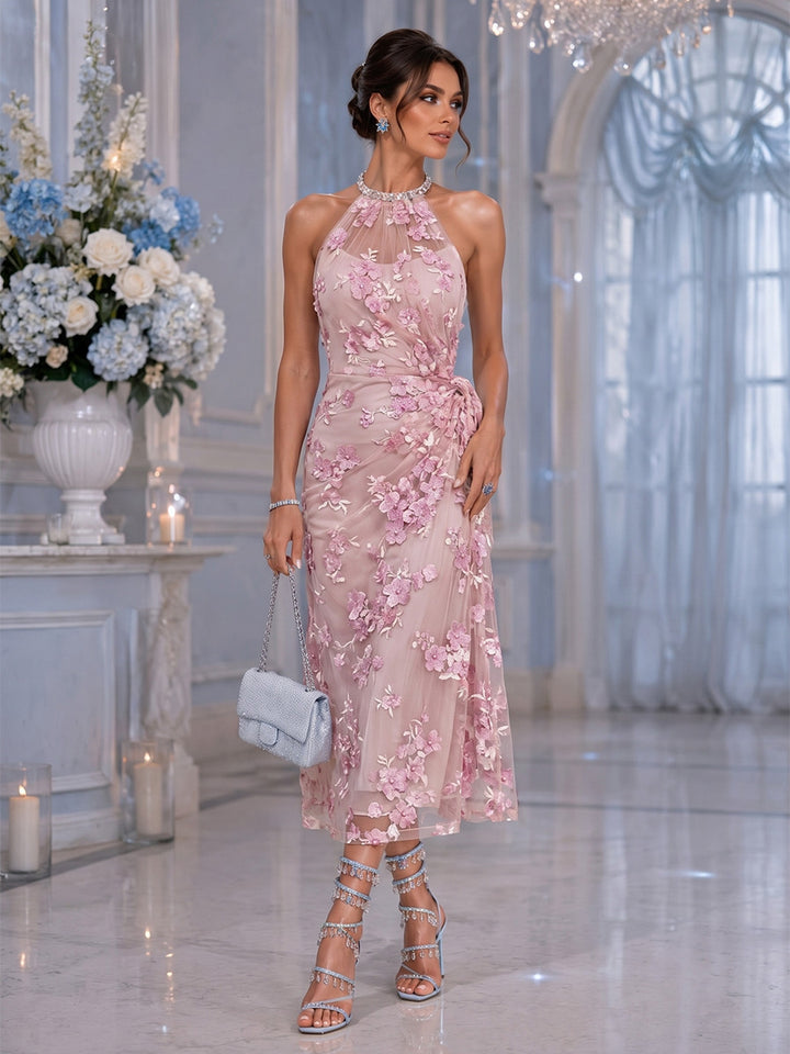 Sheath/Column Halter Lace Embroidery Cocktail Dresses Sleeveless Tea-Length Party Dresses