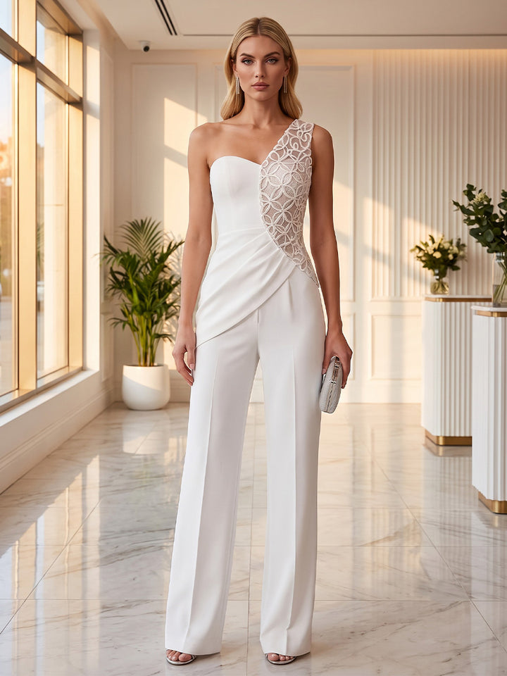 Jumpsuit One-Shoulder Stretch Satin Cocktail Dresses Lace Ankle-Length Sleeveless Little White Dresses Party Dresses