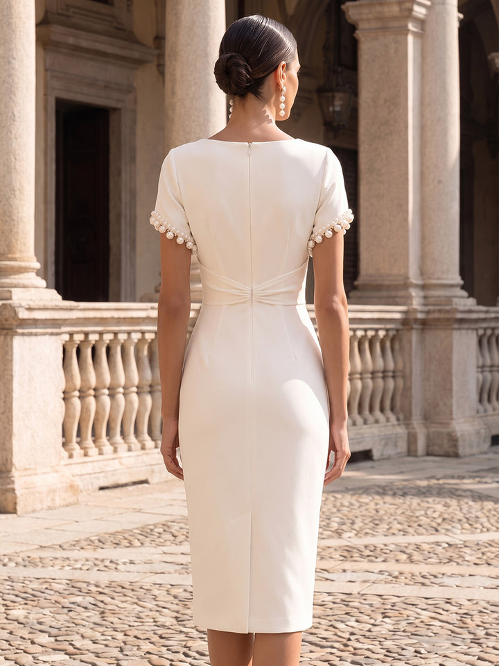 Sheath/Column Scoop Stretch Satin Cocktail Dresses Tea-Length Short Sleeves Little White Dresses Party Dresses with Pearls