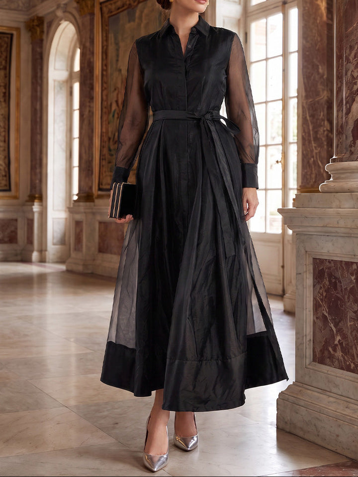 A-Line/Princess Shirt Collar Tulle Wedding Guest Dresses Ankle-Length Long Sleeves with Belt