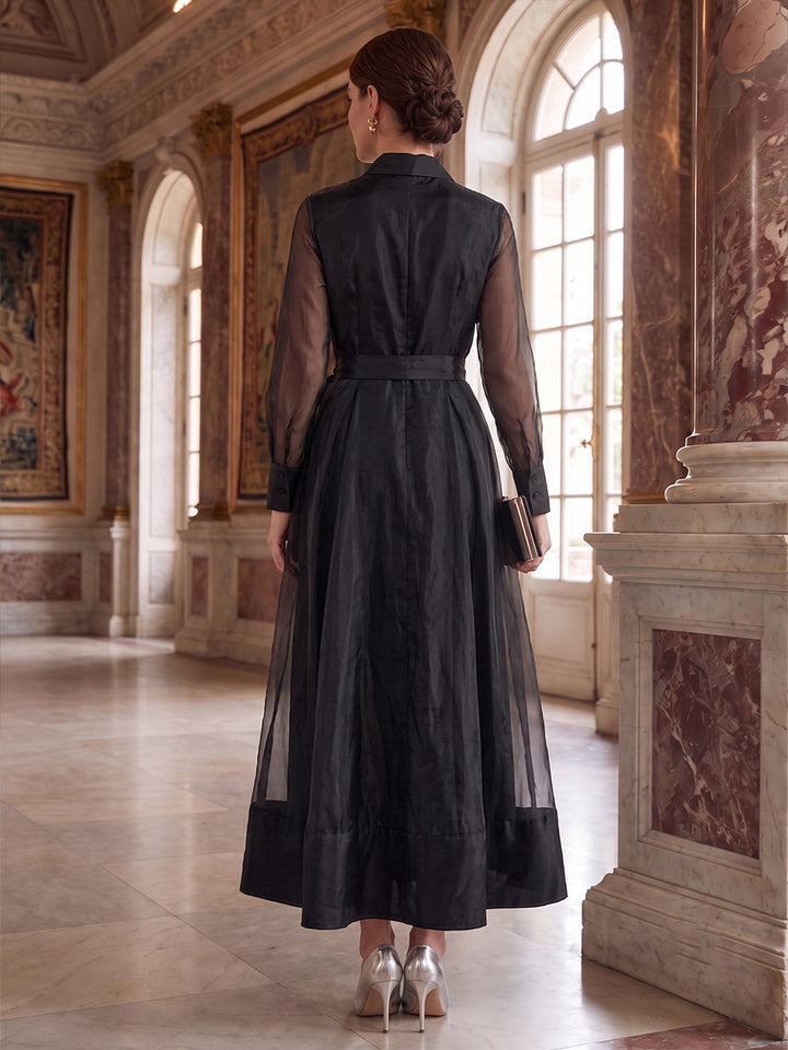 A-Line/Princess Shirt Collar Tulle Wedding Guest Dresses Ankle-Length Long Sleeves with Belt