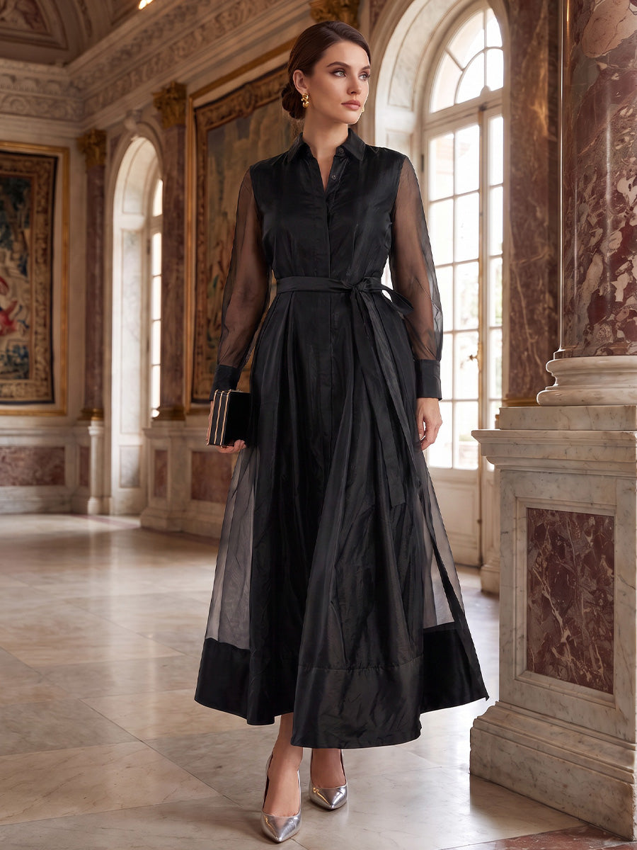 A-Line/Princess Shirt Collar Tulle Wedding Guest Dresses Ankle-Length Long Sleeves with Belt