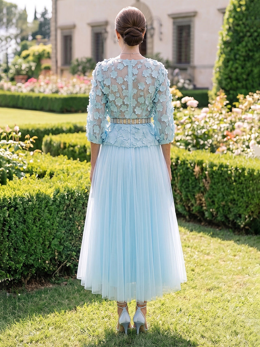 A-Line/Princess V-Neck Tulle Wedding Guest Dresses Tea-Length 3/4 Sleeves 3D Flowers with Belt