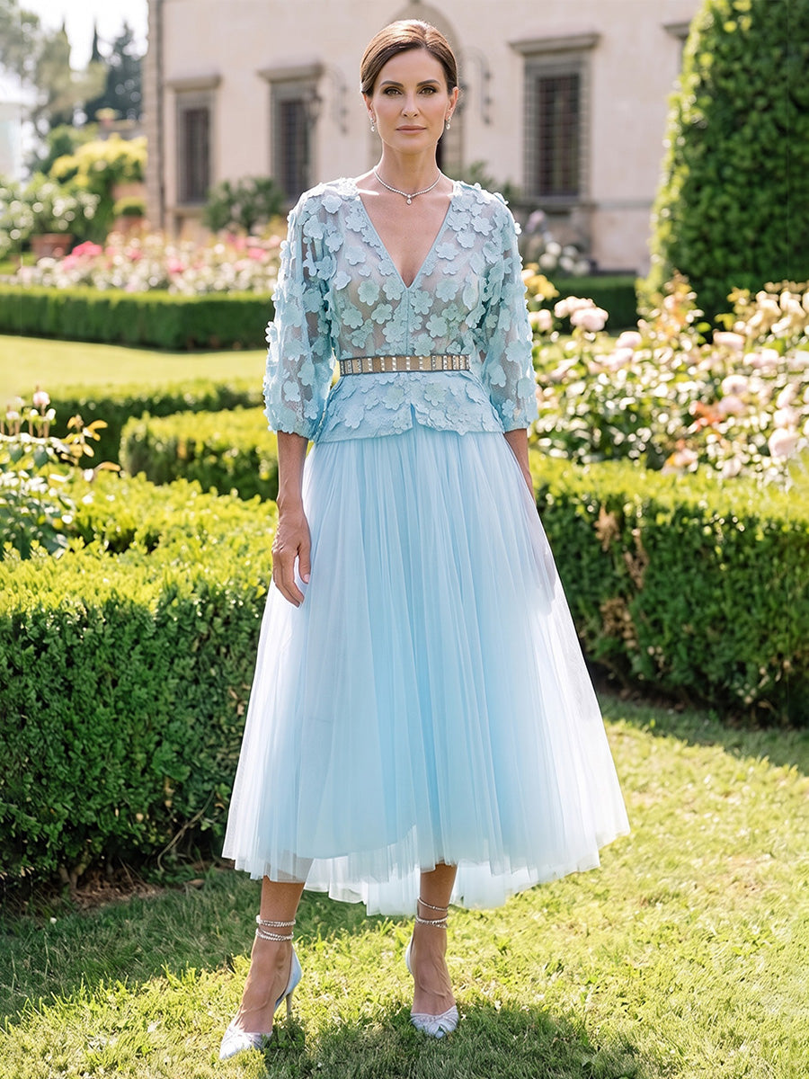A-Line/Princess V-Neck Tulle Wedding Guest Dresses Tea-Length 3/4 Sleeves 3D Flowers with Belt