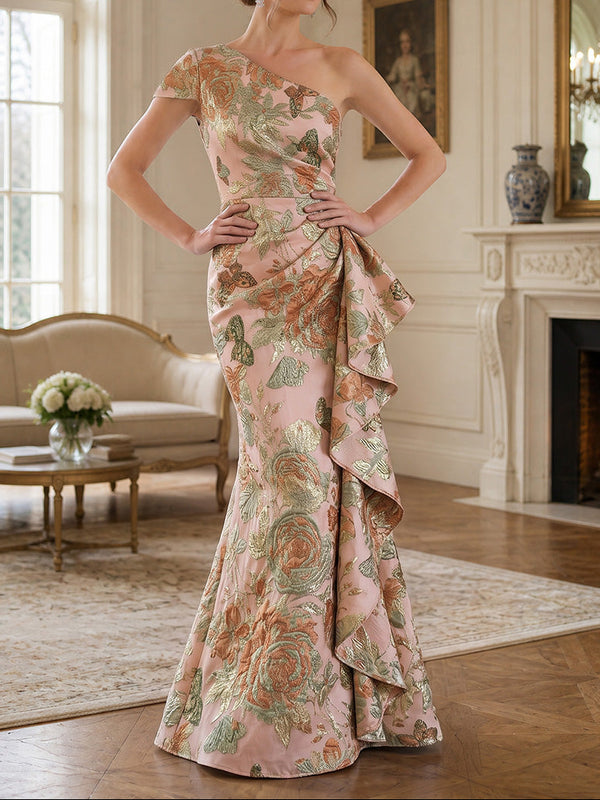 Sheath/Column One-Shoulder Jacquard Formal Dresses Floor-Length Sleeveless Evening Dresses Ruffles