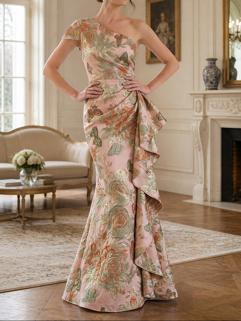 evening dresses with one sleeve Sheath/Column One-Shoulder Jacquard Formal Floor-Length strapless ball gown the length refers to Size:US 2Y Women's Sloane Long Sleeve