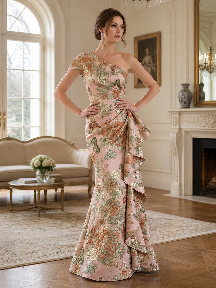 Sheath/Column One-Shoulder Jacquard Formal Dresses Floor-Length Sleeveless Evening Dresses Ruffles