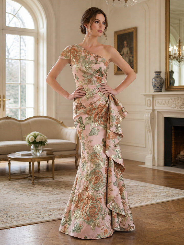 Sheath/Column One-Shoulder Jacquard Formal Dresses Floor-Length Sleeveless Evening Dresses Ruffles
