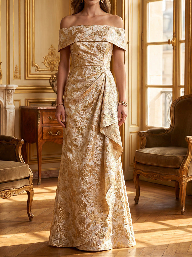 A-Line/Princess One-Shoulder Jacquard Formal Dresses Floor-Length Sleeveless Evening Dresses Ruffles