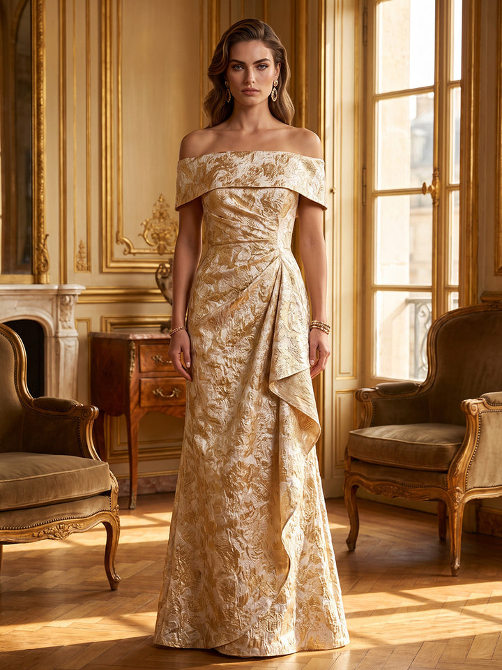 A-Line/Princess One-Shoulder Jacquard Formal Dresses Floor-Length Sleeveless Evening Dresses Ruffles