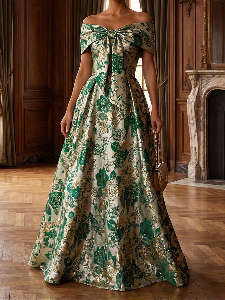 A-Line/Princess Off-the-Shoulder Jacquard Formal Dresses Floor-Length Sleeveless Evening Dresses Floral