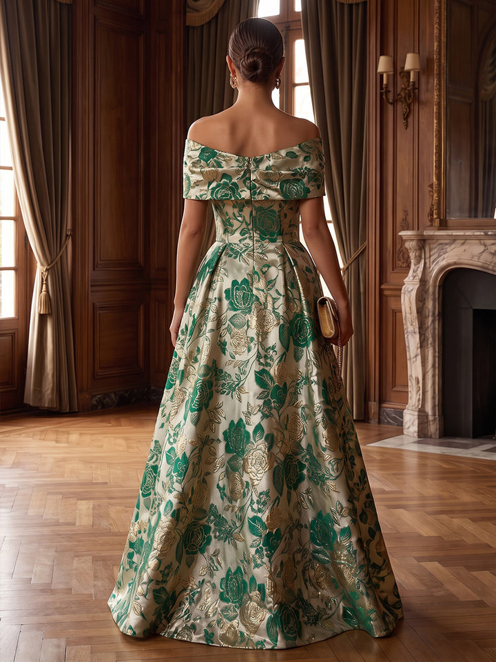 A-Line/Princess Off-the-Shoulder Jacquard Formal Dresses Floor-Length Sleeveless Evening Dresses Floral
