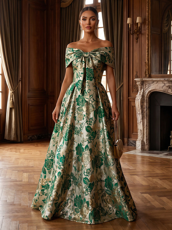 A-Line/Princess Off-the-Shoulder Jacquard Formal Dresses Floor-Length Sleeveless Evening Dresses Floral