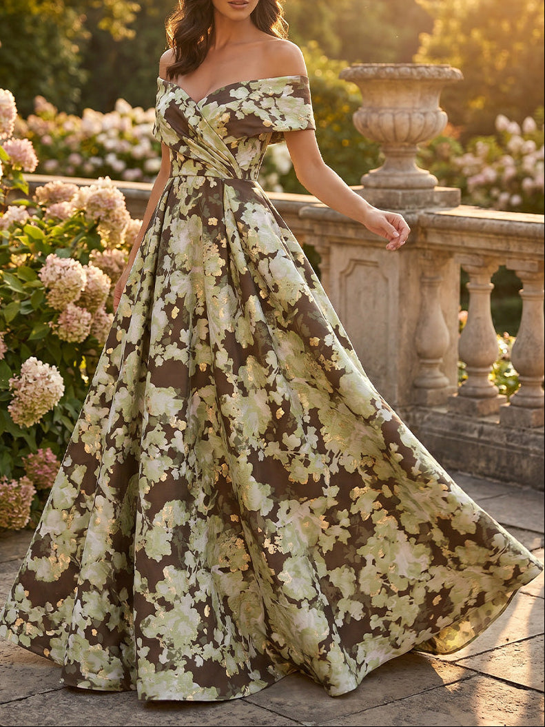 A-Line/Princess Off-the-Shoulder Jacquard Formal Dresses Floor-Length Sleeveless Evening Dresses Floral