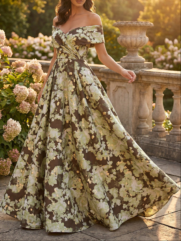 A-Line/Princess Off-the-Shoulder Jacquard Formal Dresses Floor-Length Sleeveless Evening Dresses Floral