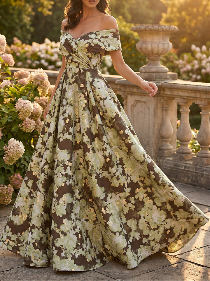 A-Line/Princess Off-the-Shoulder Jacquard Formal Dresses Floor-Length Sleeveless Evening Dresses Floral