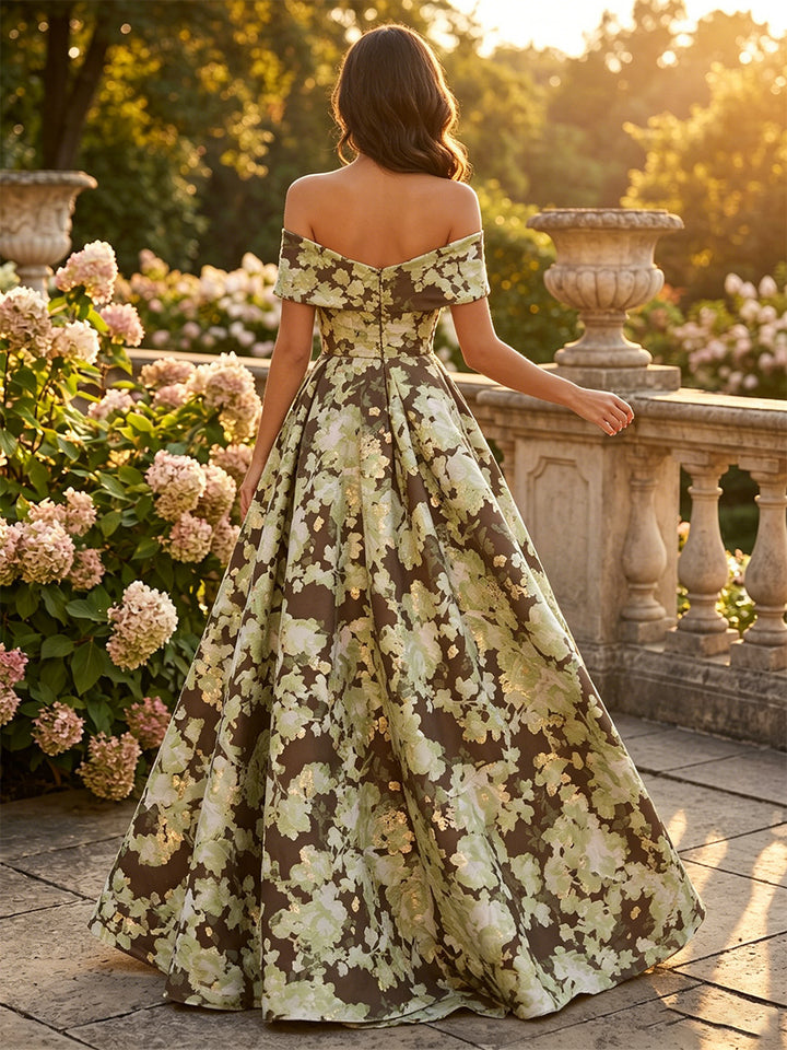 A-Line/Princess Off-the-Shoulder Jacquard Formal Dresses Floor-Length Sleeveless Evening Dresses Floral