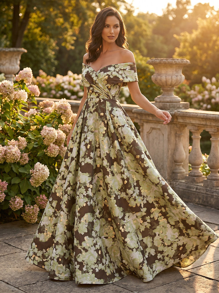 A-Line/Princess Off-the-Shoulder Jacquard Formal Dresses Floor-Length Sleeveless Evening Dresses Floral