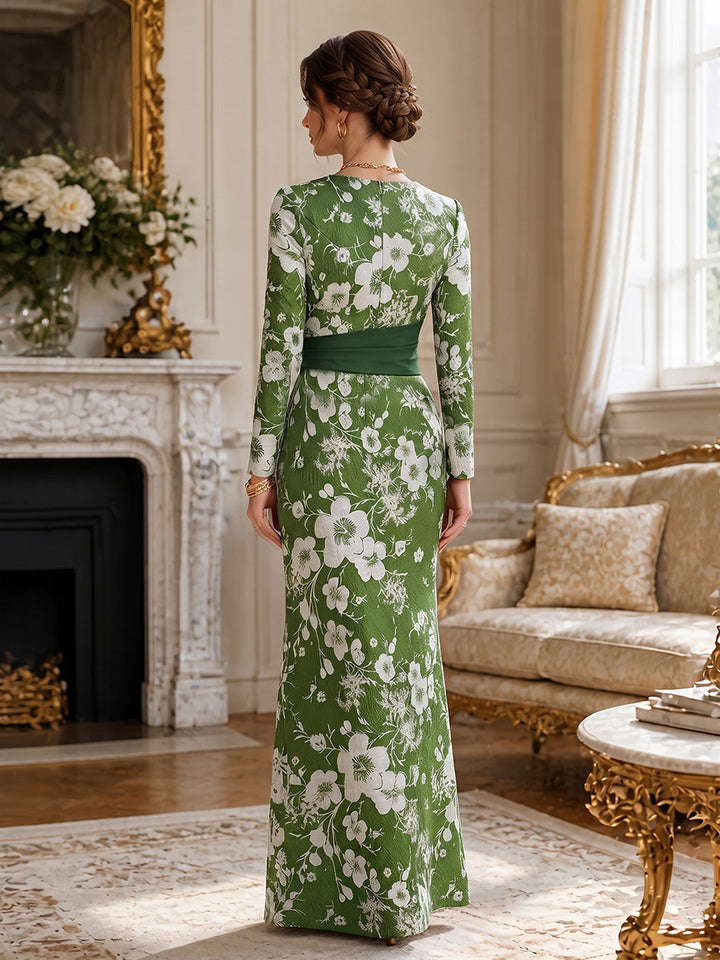 Sheath/Column V-Neck Jacquard Formal Dresses Floor-Length Long Sleeves Evening Dresses Floral