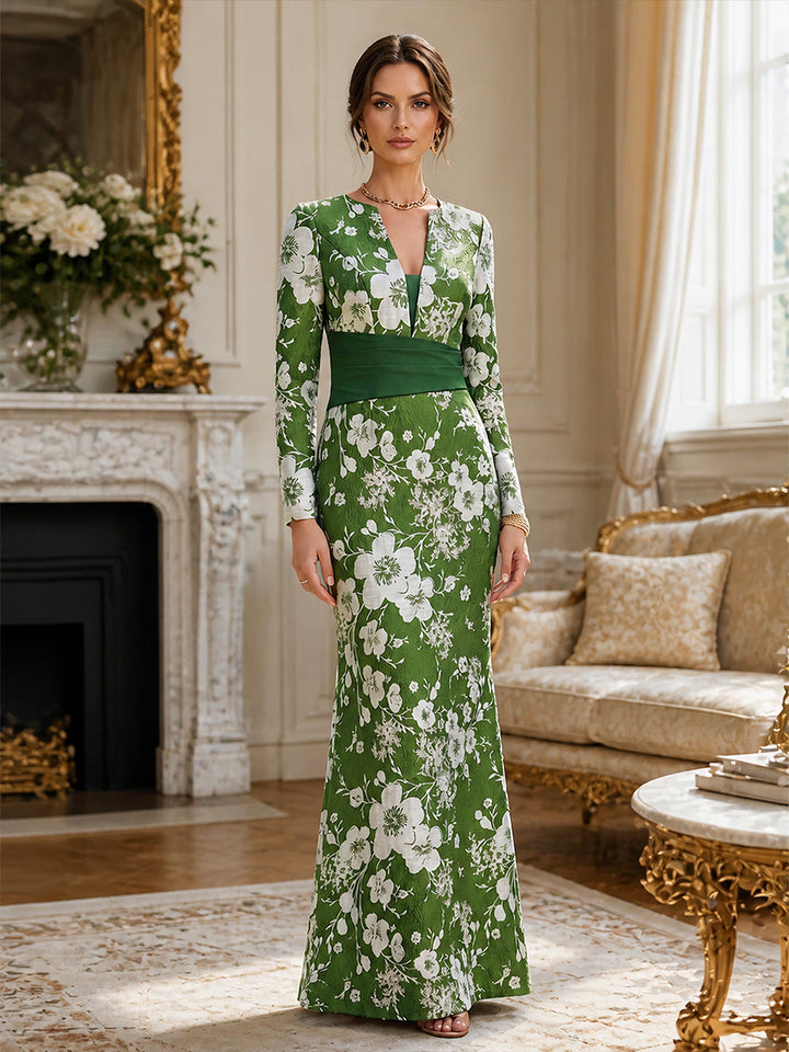 Sheath/Column V-Neck Jacquard Formal Dresses Floor-Length Long Sleeves Evening Dresses Floral