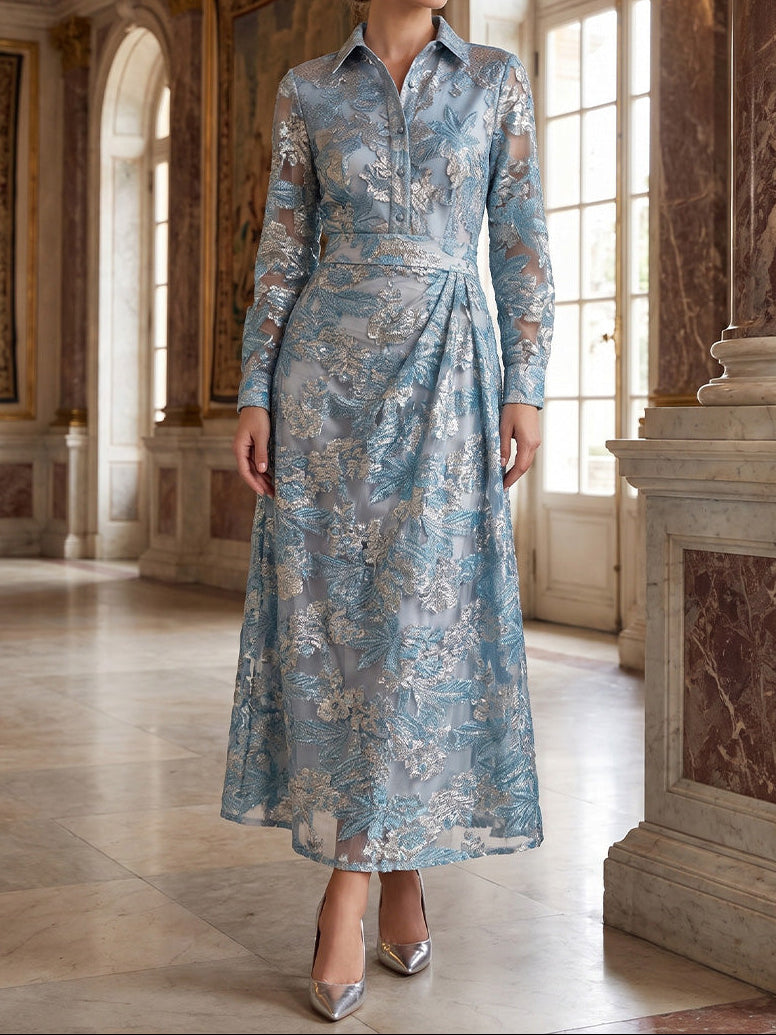 A-Line/Princess Shirt Collar Floral Formal Dresses Ankle-Length Long Sleeves Evening Dresses
