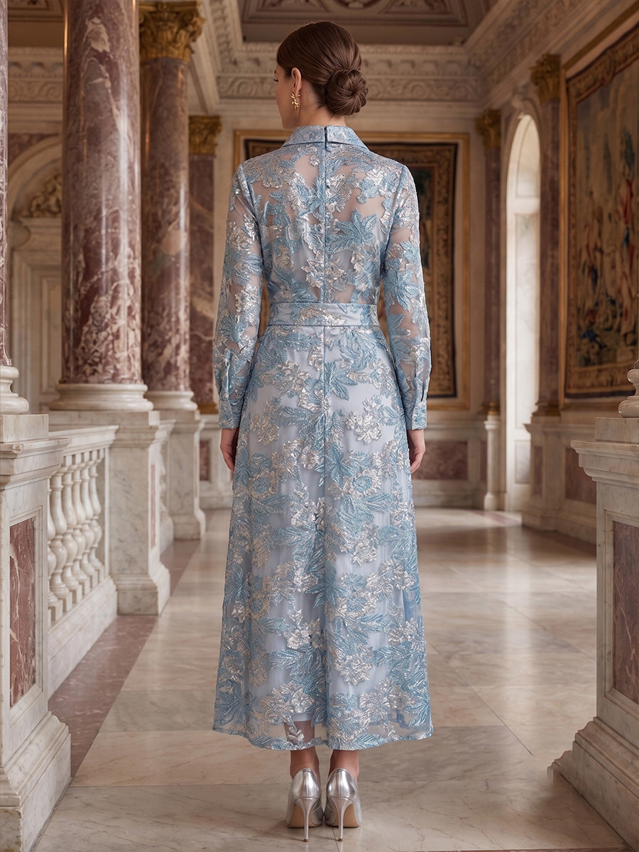 A-Line/Princess Shirt Collar Floral Formal Dresses Ankle-Length Long Sleeves Evening Dresses
