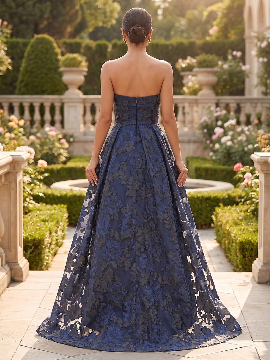 A-Line/Princess Strapless Lace Embroidery Formal Dresses Tea-Length High-Low Sleeveless Evening Dresses