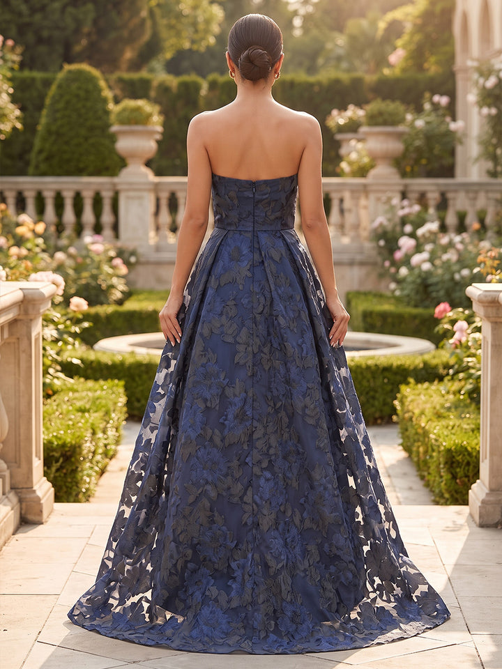 A-Line/Princess Strapless Lace Embroidery Formal Dresses Tea-Length High-Low Sleeveless Evening Dresses