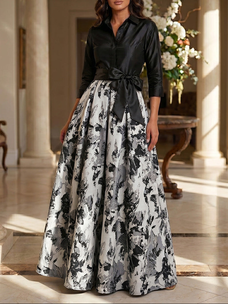 A-Line/Princess V-Neck Jacquard Formal Dresses Floor-Length 3/4 Sleeves Evening Dresses Bowknot