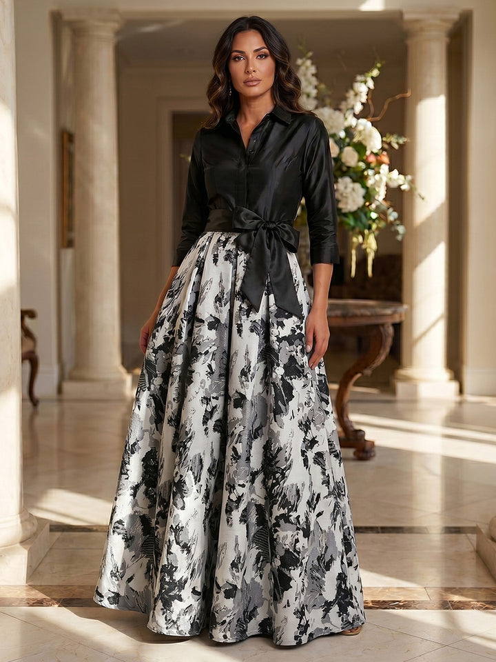 A-Line/Princess V-Neck Jacquard Formal Dresses Floor-Length 3/4 Sleeves Evening Dresses Bowknot