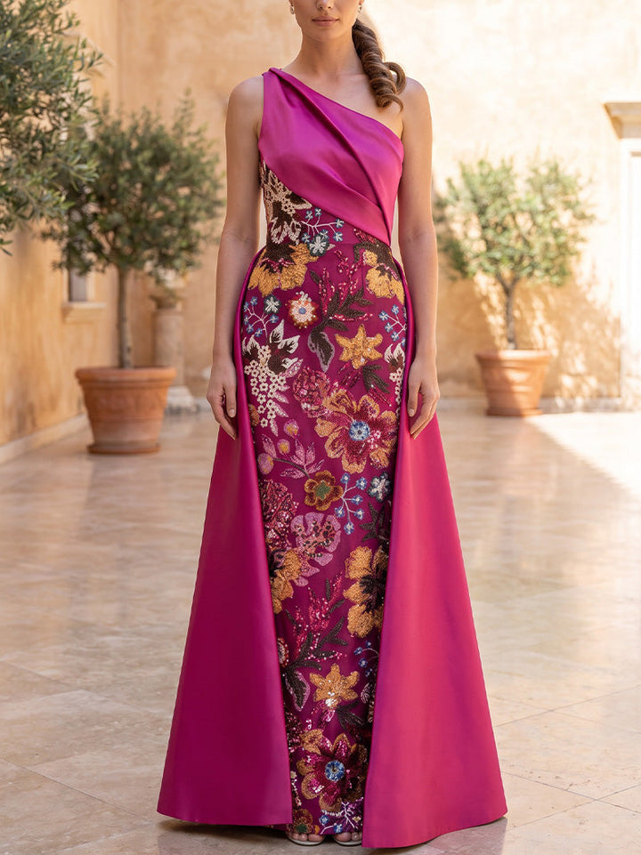 Sheath/Column One-Shoulder Satin Evening Dresses with Overskirt Floral Sequins Floor-Length Sleeveless Formal Dresses