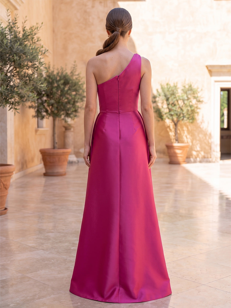 Sheath/Column One-Shoulder Satin Evening Dresses with Overskirt Floral Sequins Floor-Length Sleeveless Formal Dresses