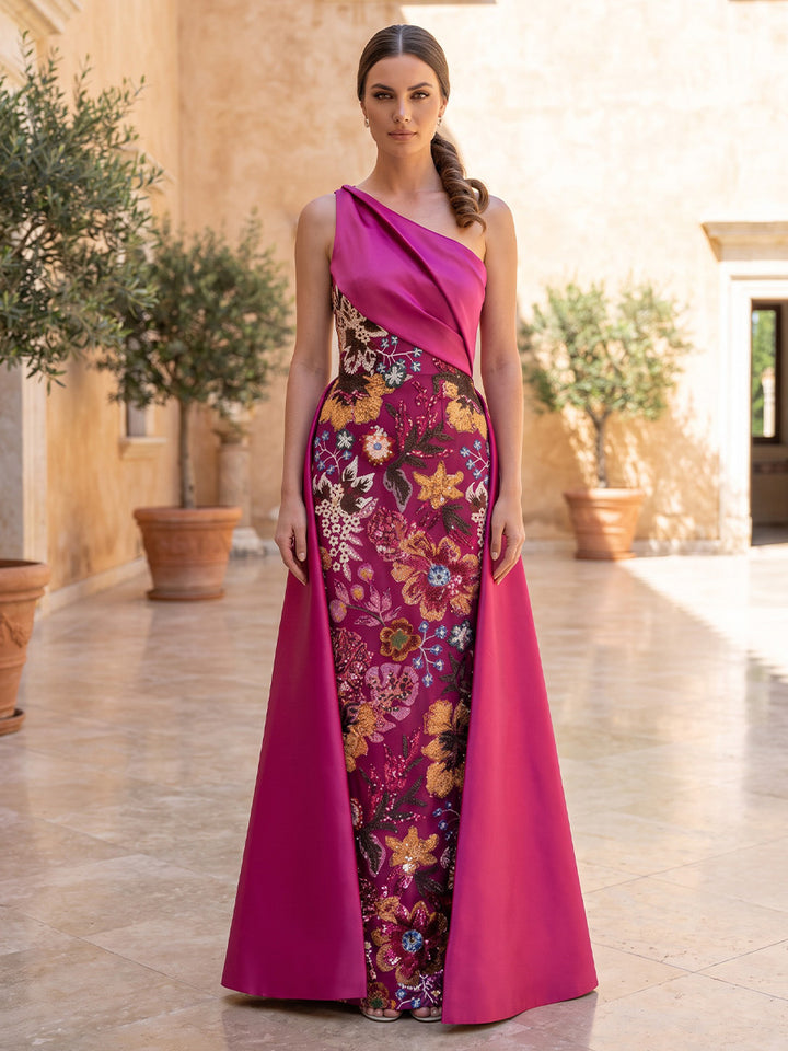 Sheath/Column One-Shoulder Satin Evening Dresses with Overskirt Floral Sequins Floor-Length Sleeveless Formal Dresses