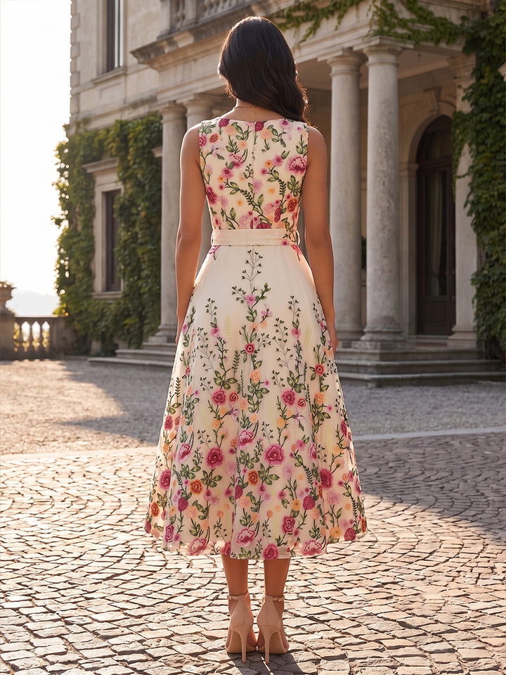 A-Line/Princess V-Neck Lace Embroidery Cocktail Dresses Sleeveless Tea-Length Party Dresses with Bowknot