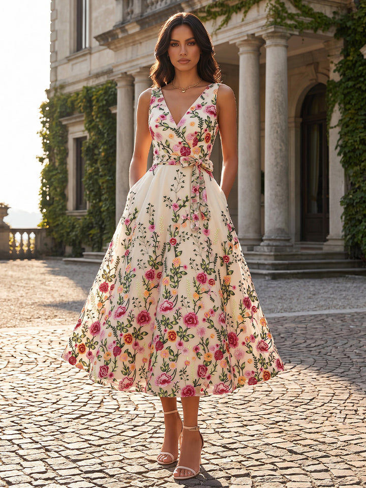 A-Line/Princess V-Neck Lace Embroidery Cocktail Dresses Sleeveless Tea-Length Party Dresses with Bowknot