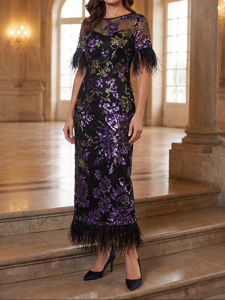Sheath/Column Scoop Sequins Cocktail Dresses Short Sleeves Ankle-Length Party Dresses with Feathers