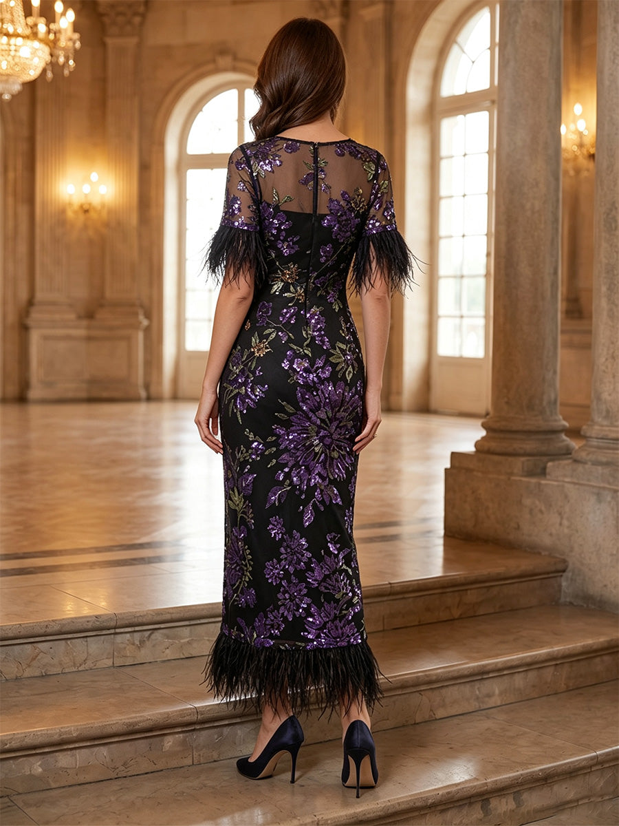 Sheath/Column Scoop Sequins Cocktail Dresses Short Sleeves Ankle-Length Party Dresses with Feathers