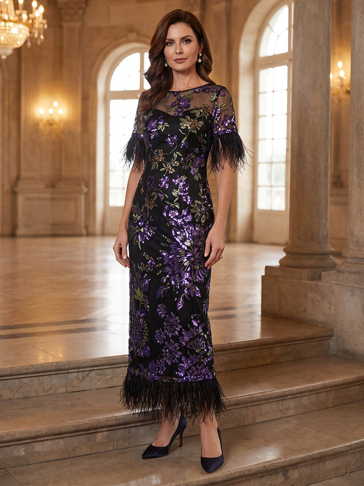 Sheath/Column Scoop Sequins Cocktail Dresses Short Sleeves Ankle-Length Party Dresses with Feathers