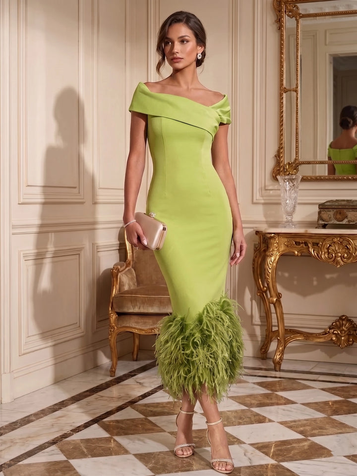 Sheath/Column Off-the-Shoulder Stretch Satin Evening Dresses Tea-Length Sleeveless Feathers Formal Dresses