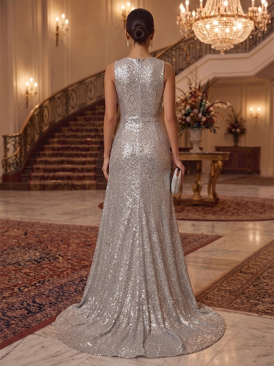 Sheath/Column V-Neck Sequins Evening Dresses  Floor-Length Sleeveless Formal Dresses Train