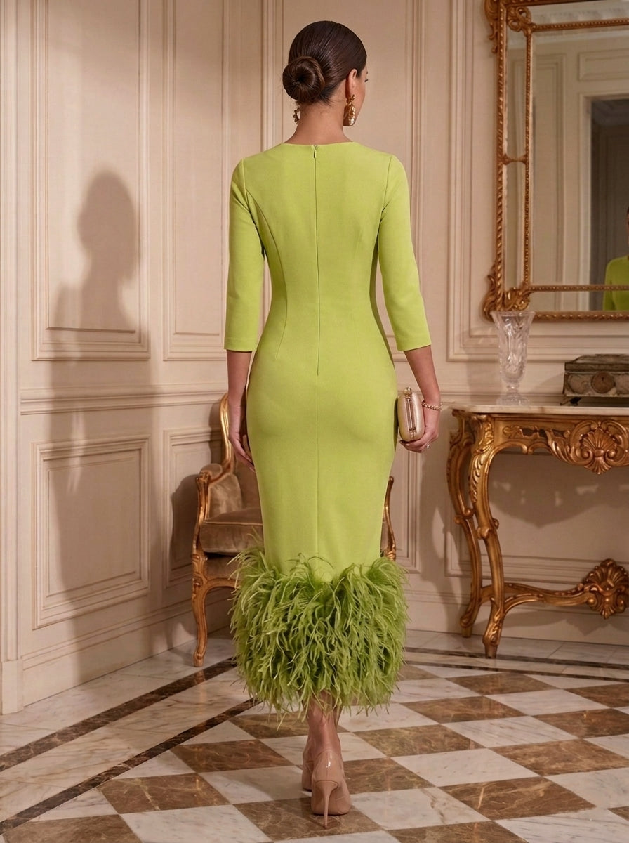 Sheath/Column Scoop Stretch Satin Evening Dresses with Feathers Tea-Length 3/4 Sleeves Formal Dresses