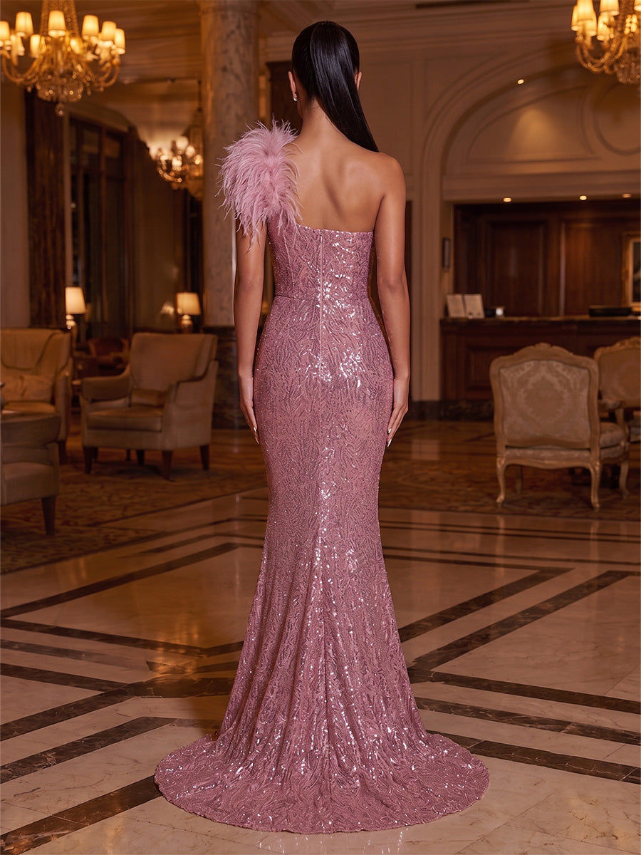 Trumpet/Mermaid One-Shoulder Sequins Evening Dresses  Floor-Length Sleeveless Formal Dresses with Feathers