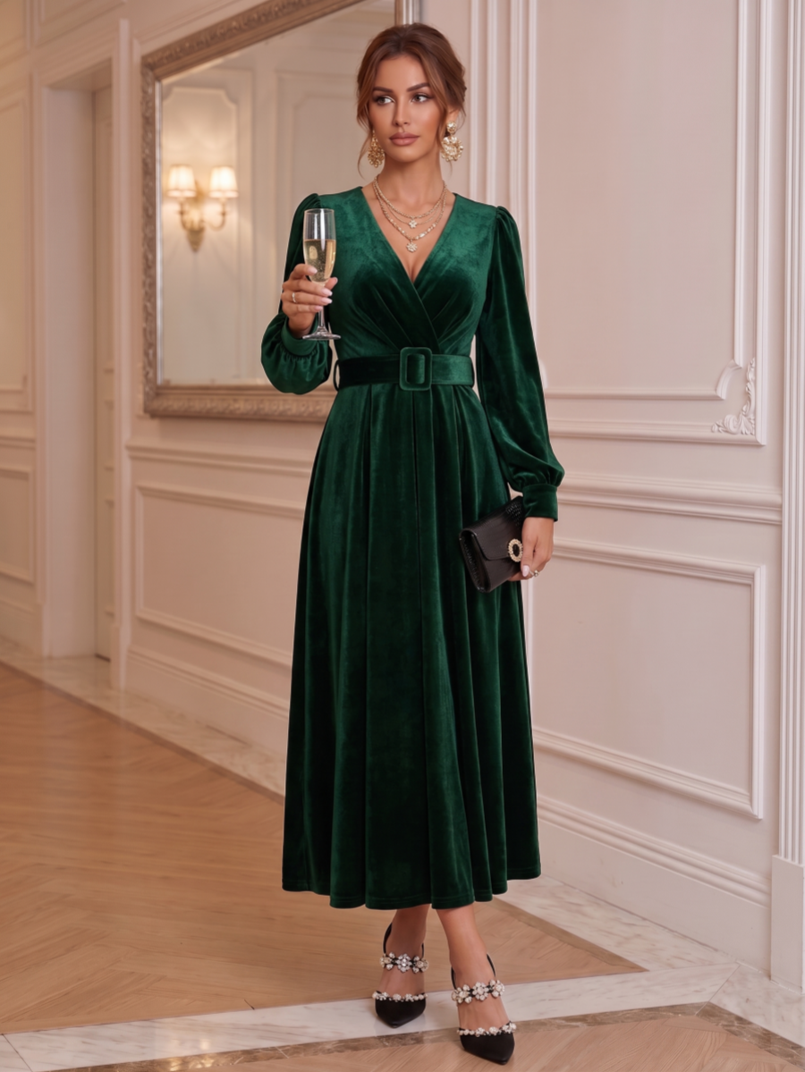 A-Line/Princess V-Neck Velvet Cocktail Dresses Belt Long Sleeves Ankle-Length Party Dresses