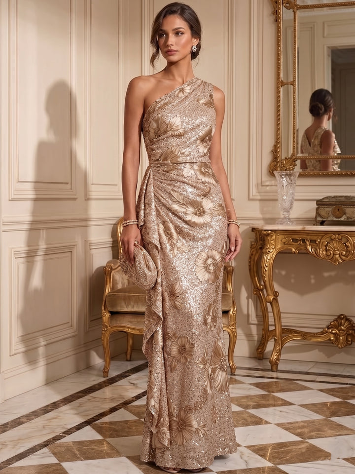 Sheath/Column One-Shoulder Sequins Evening Dresses Floor-Length Sleeveless Formal Dresses Floral Ruffles