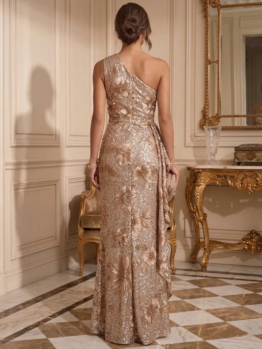 Sheath/Column One-Shoulder Sequins Evening Dresses Floor-Length Sleeveless Formal Dresses Floral Ruffles