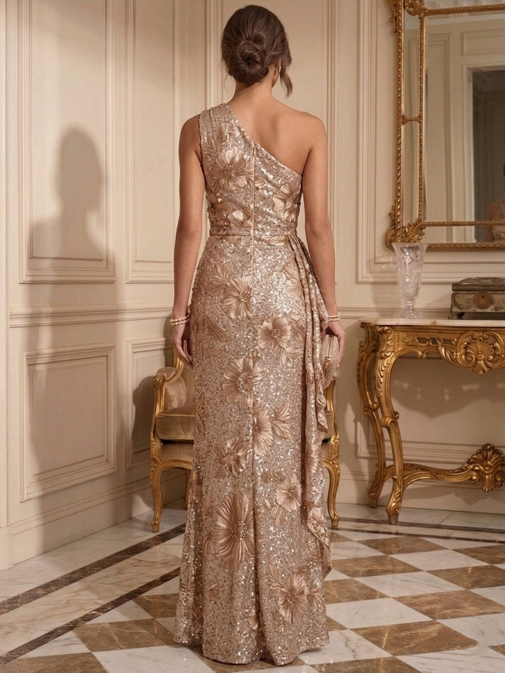 Sheath/Column One-Shoulder Sequins Evening Dresses Floor-Length Sleeveless Formal Dresses Floral Ruffles