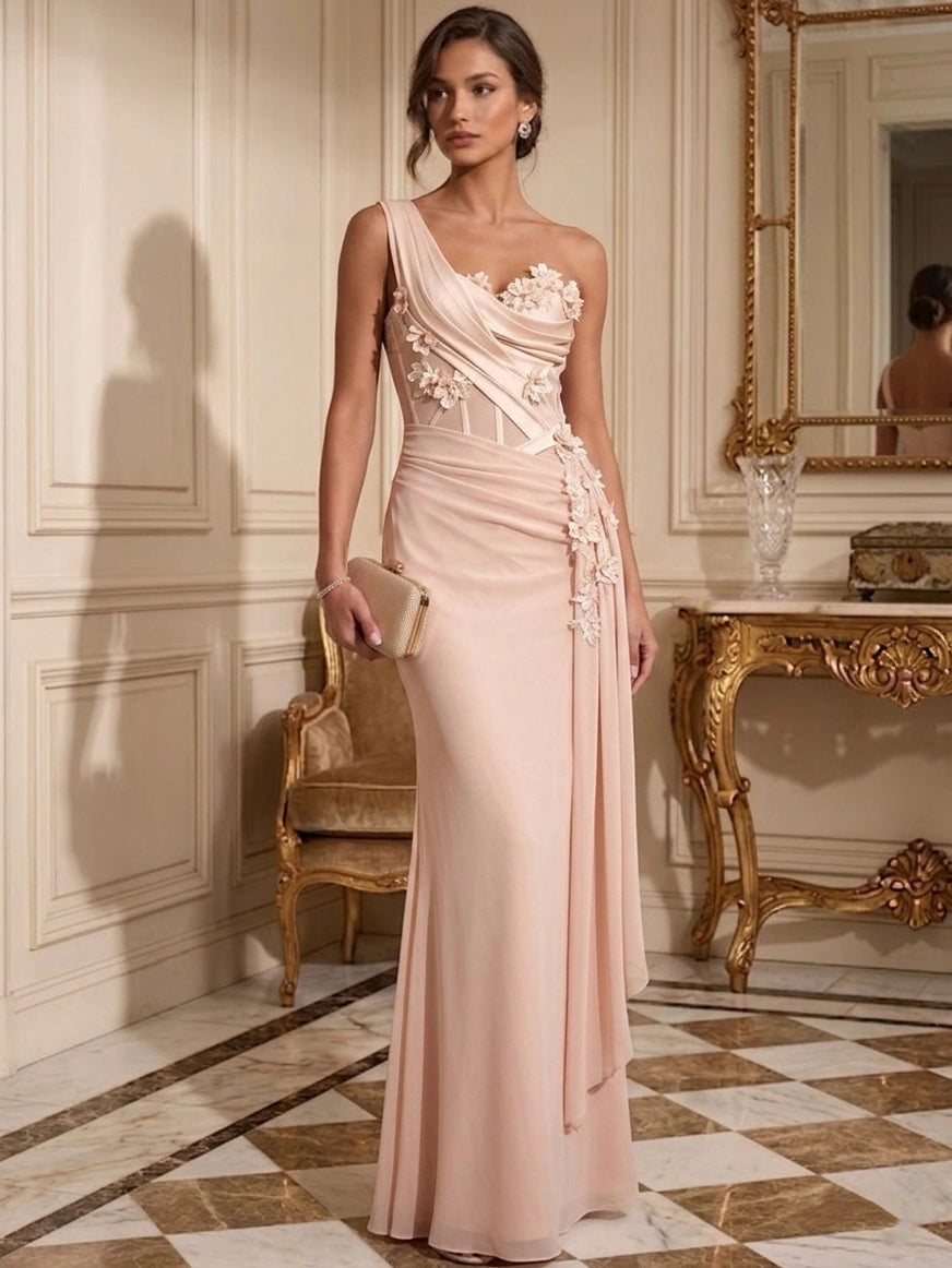 Sheath/Column One-Shoulder Chiffon Evening Dresses Floor-Length Sleeveless Formal Dresses 3D Flowers