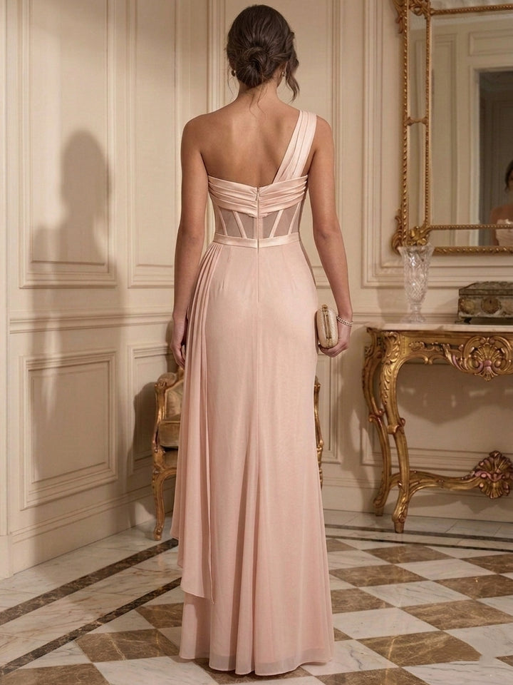 Sheath/Column One-Shoulder Chiffon Evening Dresses Floor-Length Sleeveless Formal Dresses 3D Flowers