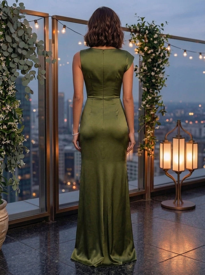 Sheath/Column Boat Neck Silk Satin Evening Dresses with Split Side Floor-Length Sequins Sleeveless Formal Dresses